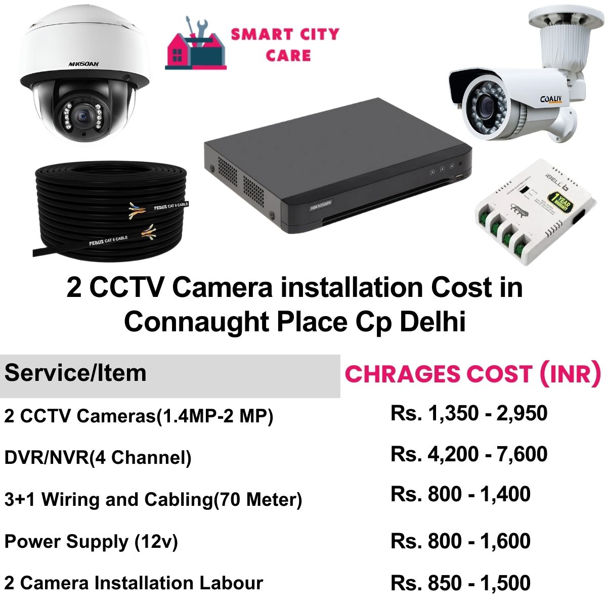 2 CCTV camera installation cost list in  Delhi, Connaught Place cp