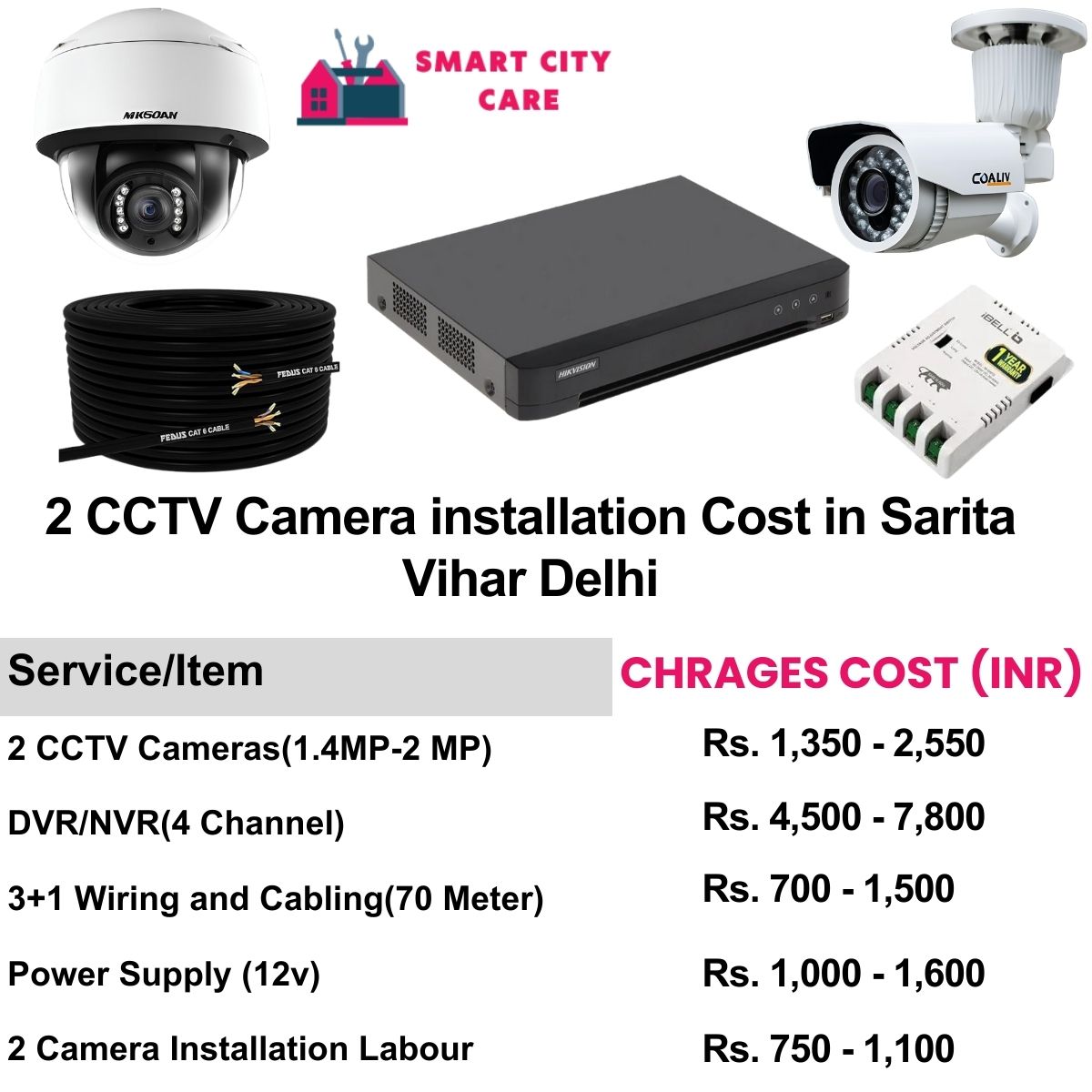 2 CCTV camera installation cost list in Delhi, Sarita Vihar