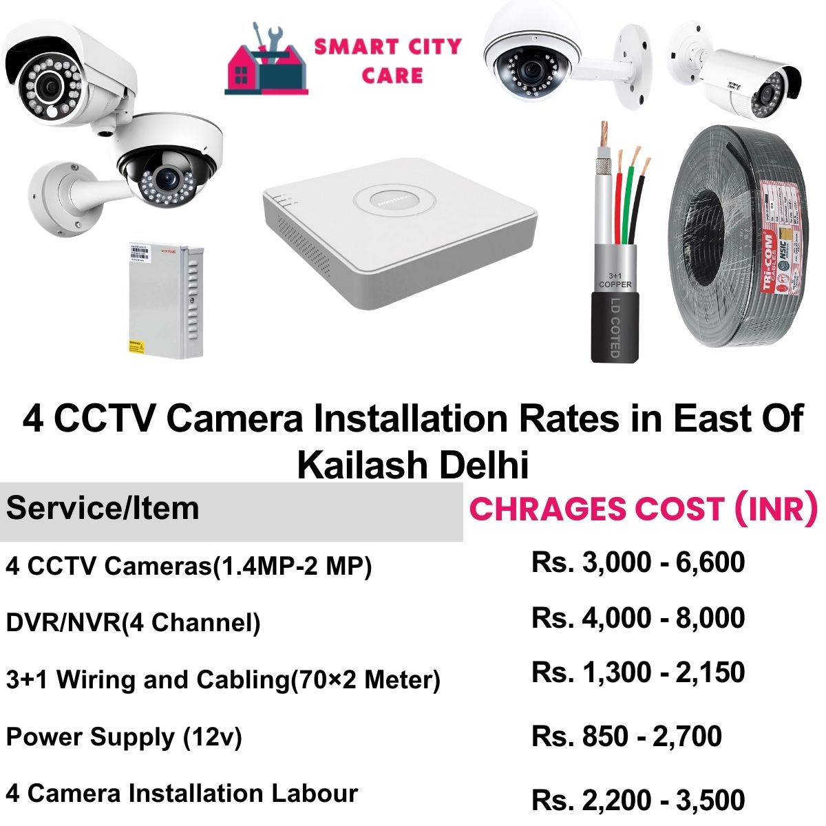 4 CCTV camera installation cost list in  Delhi, East of Kailash