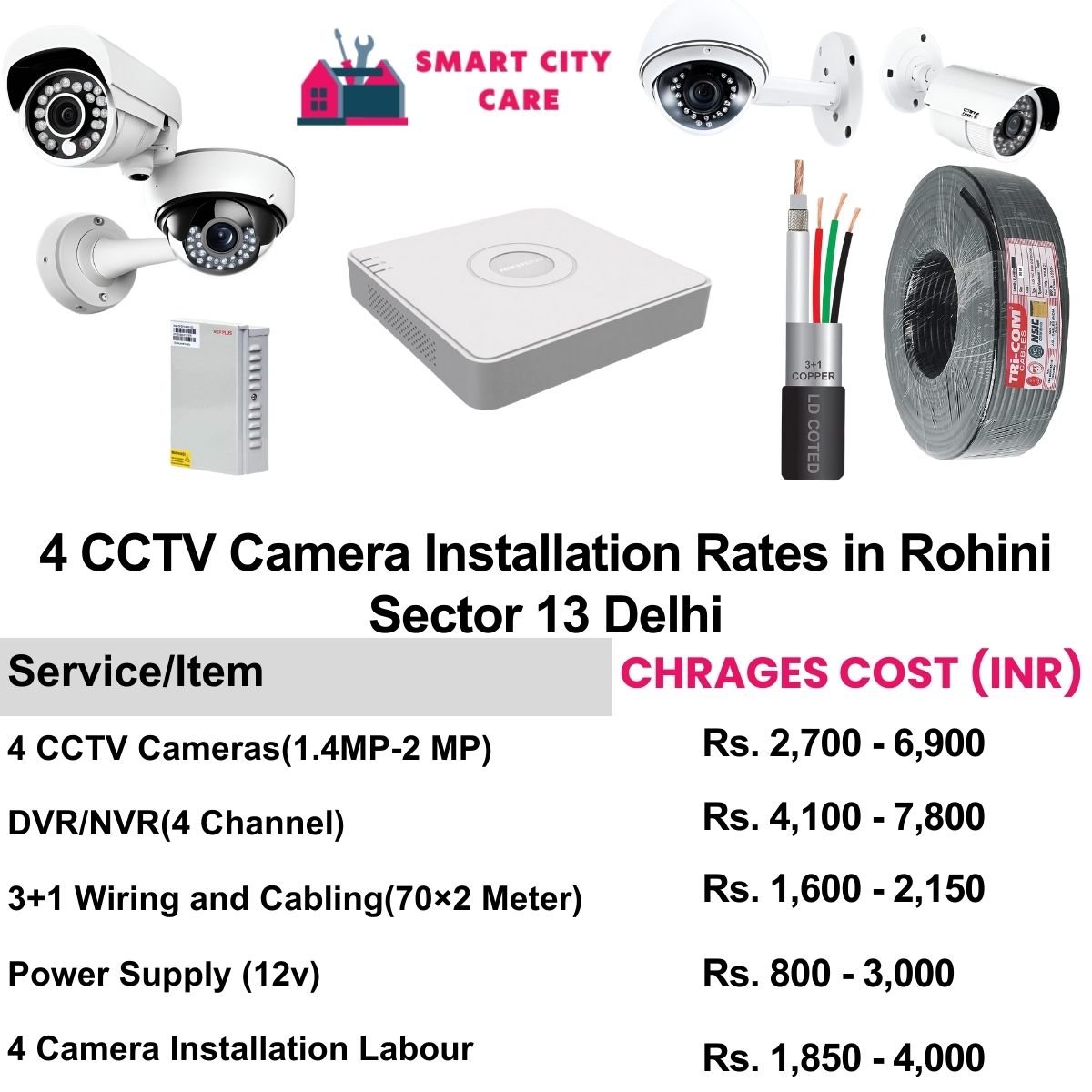 4 CCTV camera installation cost list in  Delhi, Rohini Sector 13