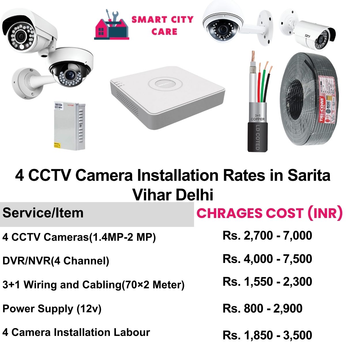 4 CCTV camera installation cost list in Delhi, Sarita Vihar